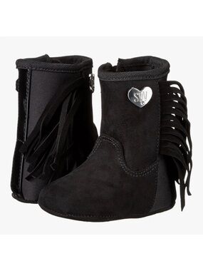 Stuart Weitzman Black Leather Suede Fringe Infant Baby Boots Heart Charm Size 3